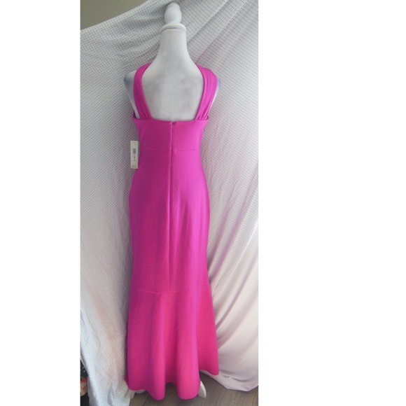 NEW ELIZA J Hot Pink SCUBA CREPE Crisscross HALTER Ruffle HIGH LOW Dress GOWN 2 - Picture 8 of 16
